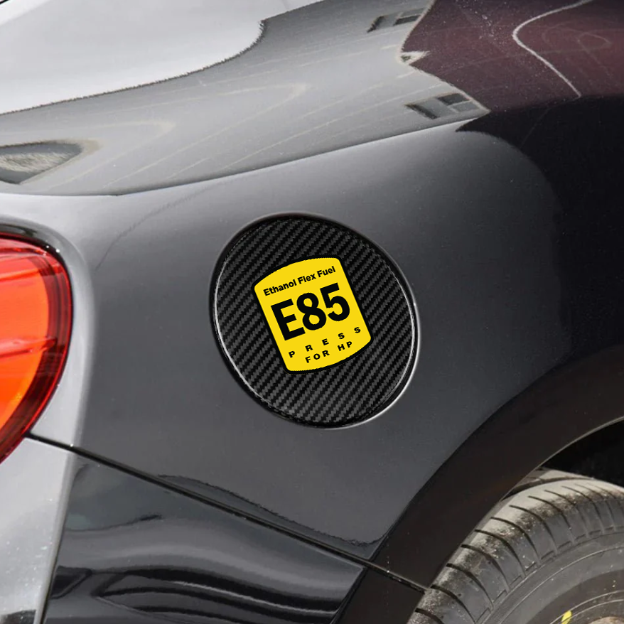 E85 Flex Fuel Sticker on Carbon Fiber Gas Cap Lid Cover