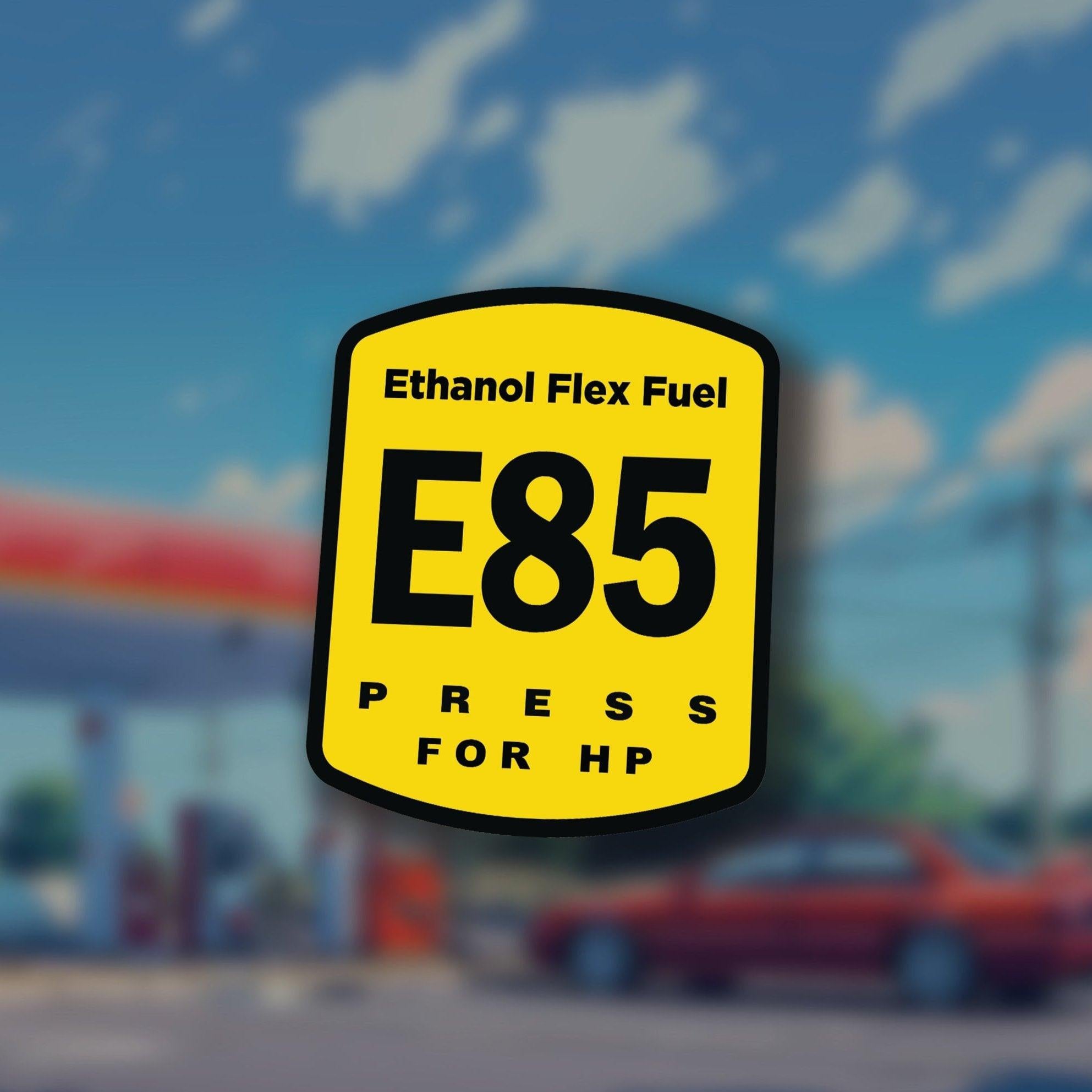 E85 - PRESS FOR HP Vinyl Decal - Ethanol 85 Corn Gas Racing Flex Fuel Sticker.