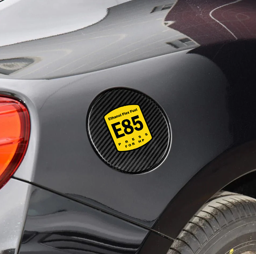 E85 Flex Fuel Sticker on Carbon Fiber Gas Cap Lid Cover